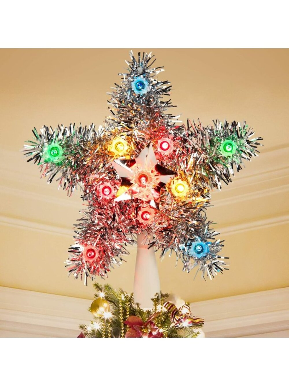 3D Star Christmas Tree Topper with Lights | Tinsel Wreath Holiday Decor
